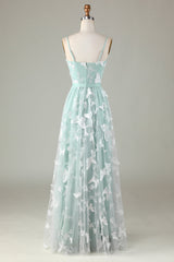 Tulle Spaghetti Straps Matcha Bridesmaid Dress with Appliques