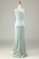 A shoulder matcha bridesmaid dress with ruffled edges