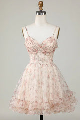 New Fashion Champagne Floral Design A-line Corset Spaghetti Strap Short Homecoming Dress HZ1024
