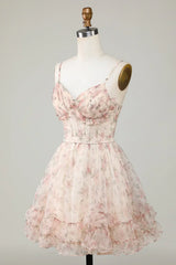 New Fashion Champagne Floral Design A-line Corset Spaghetti Strap Short Homecoming Dress HZ1024