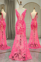 Wholesale Sparkly Hot Pink Deep V-Neck Long Mermaid Prom Party Dress With Appliques prom clothing