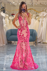 Wholesale Sparkly Fuchsia Mermaid V Neck Long Prom Dress With Sequined Appliques prom dresses shops