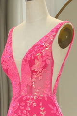 Wholesale Sparkly Hot Pink Deep V-Neck Long Mermaid Prom Party Dress With Appliques prom clothing