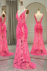 Wholesale Sparkly Fuchsia Mermaid V Neck Long Prom Dress With Sequined Appliques prom dresses shops