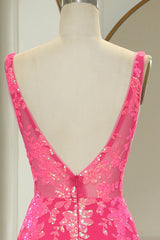 Wholesale Sparkly Hot Pink Deep V-Neck Long Mermaid Prom Party Dress With Appliques prom clothing