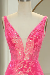 Wholesale Sparkly Hot Pink Deep V-Neck Long Mermaid Prom Party Dress With Appliques prom clothing