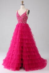 Fuchsia Princess A-Line Spaghetti Straps Sequin Tiered Long Prom Dress with Slit