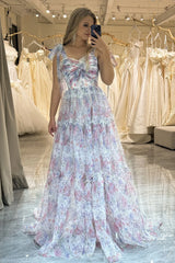 Wholesale Floral Print A-Line Tie Straps Lace Up Long Tulle Prom Party Dress prom clothing