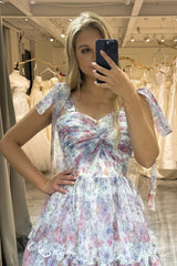 Wholesale Floral Print A-Line Tie Straps Lace Up Long Tulle Prom Party Dress prom clothing