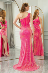 Wholesale Sparkly Fuchsia Mermaid One Shoulder Long Corset Prom Dress With Shawl prom dresses shops