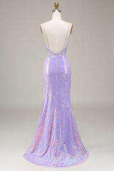 Sparkly Mermaid LighT Purple Corset Prom Dress with Slit