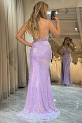 Wholesale Glitter Light Purple Mermaid Backless Long Corset Prom Dress With Slit prom dresses shops