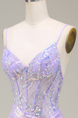 Sparkly Mermaid LighT Purple Corset Prom Dress with Slit