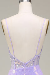 Sparkly Mermaid LighT Purple Corset Prom Dress with Slit