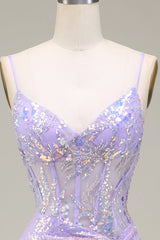 Sparkly Mermaid LighT Purple Corset Prom Dress with Slit