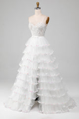 White A-Line Sparkly Sequin Ruffle Skirt Corset Prom Dress With Slit