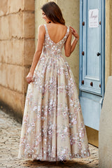 Charming A Line Square Neck Champagne Corset Prom Dress with Appliques