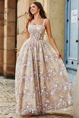 Charming A Line Square Neck Champagne Corset Prom Dress with Appliques