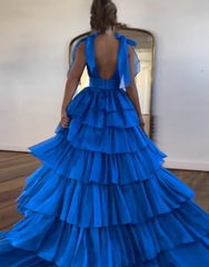 Wholesale Royal Blue Princess A-Line Deep V-Neck Long Tiered Prom Party Dress prom clothing