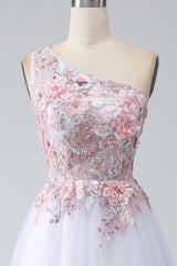 A-Line One Shoulder Pink Prom Dress with Appliques