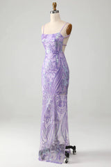 Wholesale Sparkly Lilac Mermaid Spaghetti Straps Lace Up Long Prom Dress With Sequin prom clothing