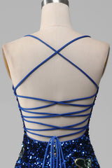 Royal Blue Mermaid Spaghetti Straps Sequins Prom Dress With Slit
