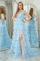 Wholesale Blue A-Line Tulle V-Neck Zipper Back Long Tiered Prom Dress With Slit prom dresses shops