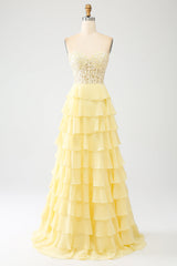 Yellow Sweetheart Tiered Long Prom Dress
