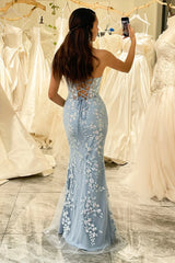 Wholesale Light Blue Mermaid Sweetheart Lace Up Long Prom Dress With Appliques prom dresses shops