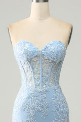 Light Blue Mermaid Sweetheart Corset Appliques Prom Dress With Side Slit