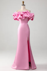 Mermaid Off the Shoulder Pink Prom Dress with Split Front
