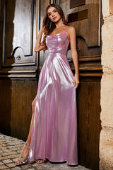 Sparkly A Line Spaghetti Straps Pink Long Prom Dress with Split Front