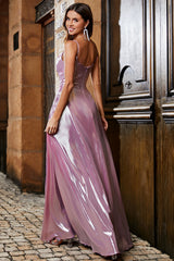 Sparkly A Line Spaghetti Straps Pink Long Prom Dress with Split Front