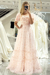 A-Line Prom Dress Square Neck Floor Length With Short Sleeves Elegant Evening Party Dress Formal Dress