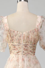 Champagne A-Line Floral Print Pleated Tiered Prom Dress With Puff Sleeves