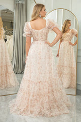 A-Line Prom Dress Square Neck Floor Length With Short Sleeves Elegant Evening Party Dress Formal Dress
