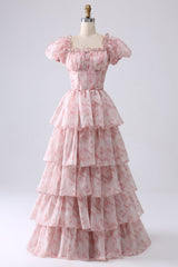 A Line Square Neck Light Blue Tiered Floral Long Prom Dress with Ruffles