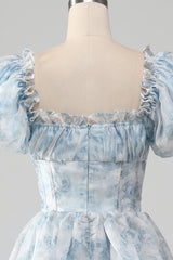 A Line Square Neck Light Blue Tiered Prom Dress with Ruffles