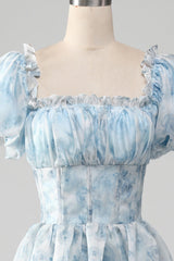 A Line Square Neck Light Blue Tiered Prom Dress with Ruffles