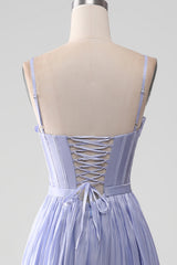 Lavender Spaghetti Straps A Line Ruffles Prom Dress with Slit