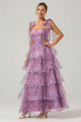 A Line Purple Printed Tiered Tea-Length Long Prom Dress