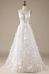 Aimishang Ivory A-Line V-Neck Wedding Dress with 3D Flowers