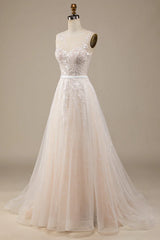 Champagne sheer lace A-line trailing wedding dress