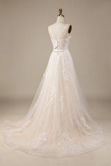 Champagne sheer lace A-line trailing wedding dress