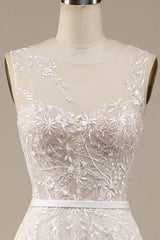 Champagne sheer lace A-line trailing wedding dress
