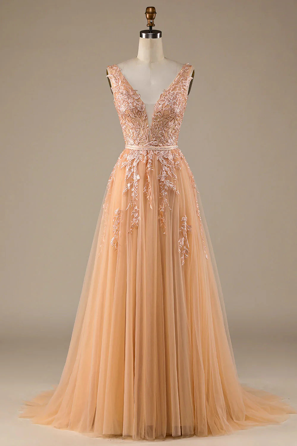Champagne V-neck lace sheer wedding dress
