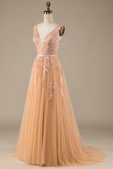 Champagne V-neck lace sheer wedding dress