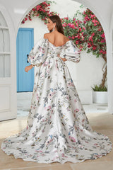 Ivory Floral Satin Chapel Train Wedding Dress With Slit