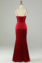 Thin shoulder strap wine red slit long bridesmaid dress