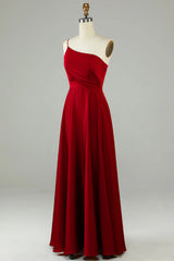 A-shaped ruffled edge one shoulder wine red long bridesmaid dress